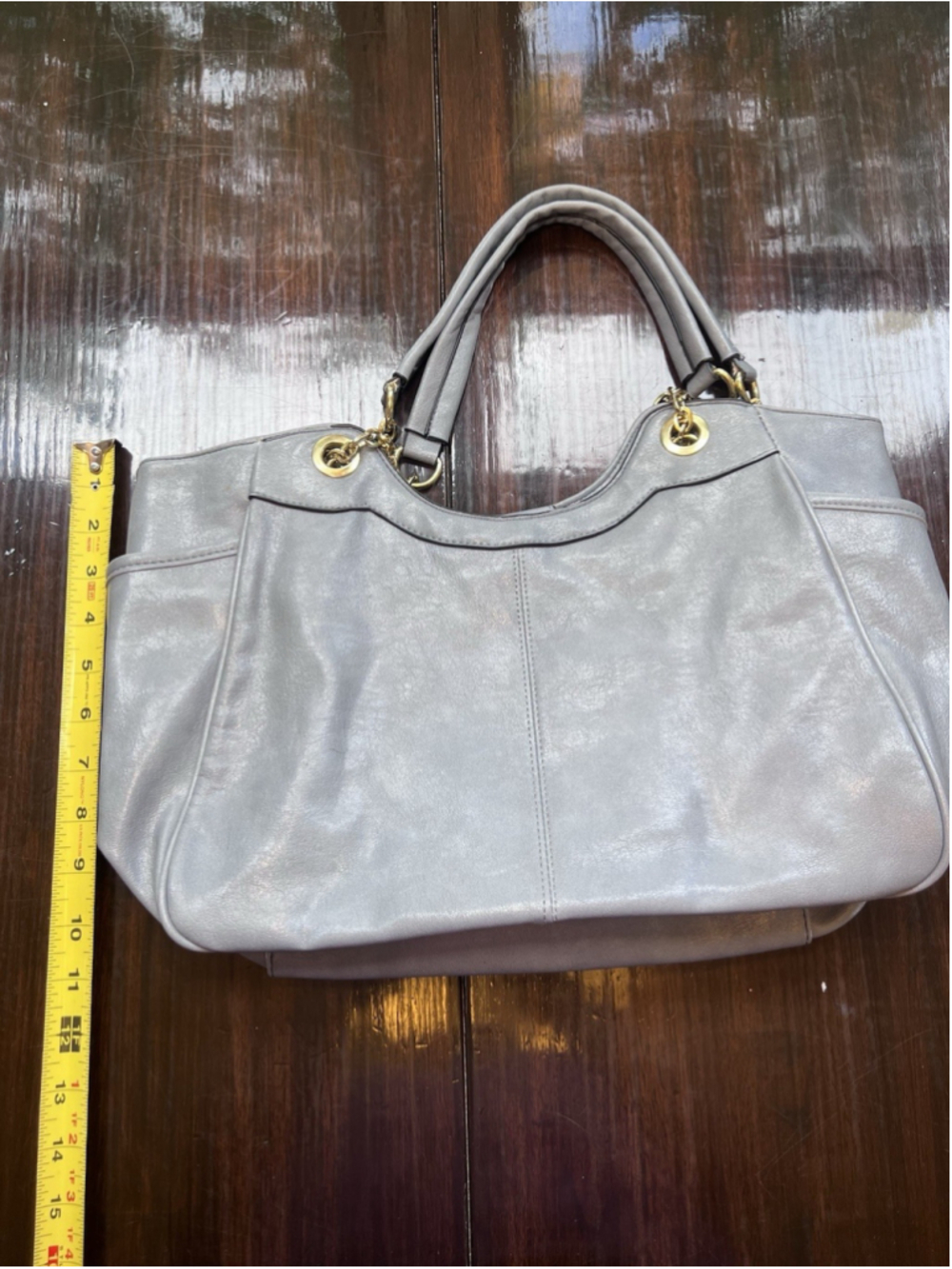 Baby Blue Faux Leather Handbag Purse Shoulder Tote Gold Tone Chain Links - Picture 11 of 16